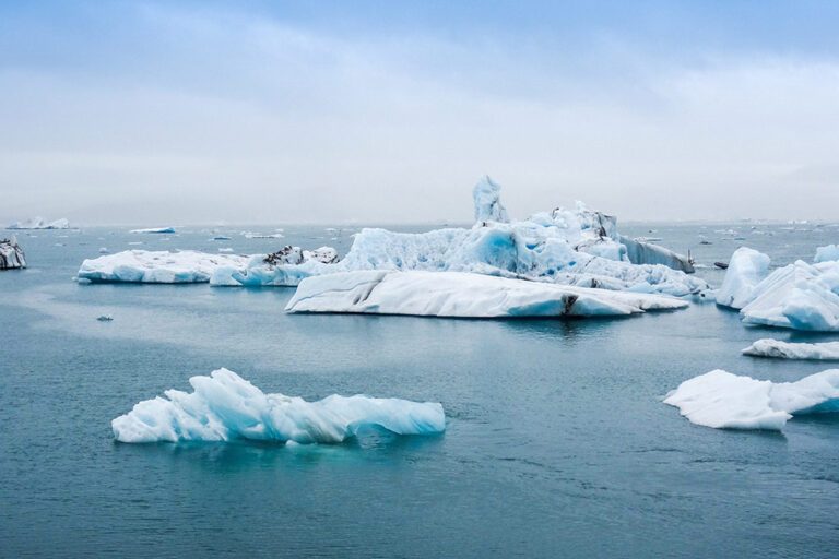 Einige Eisschollen treiben auf dem Meer.