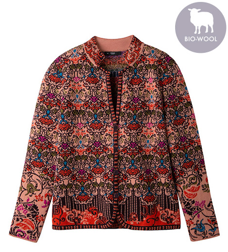 Jacquard-Strickjacke aus Bio-Merinowolle mit ausgefallenem Kragen