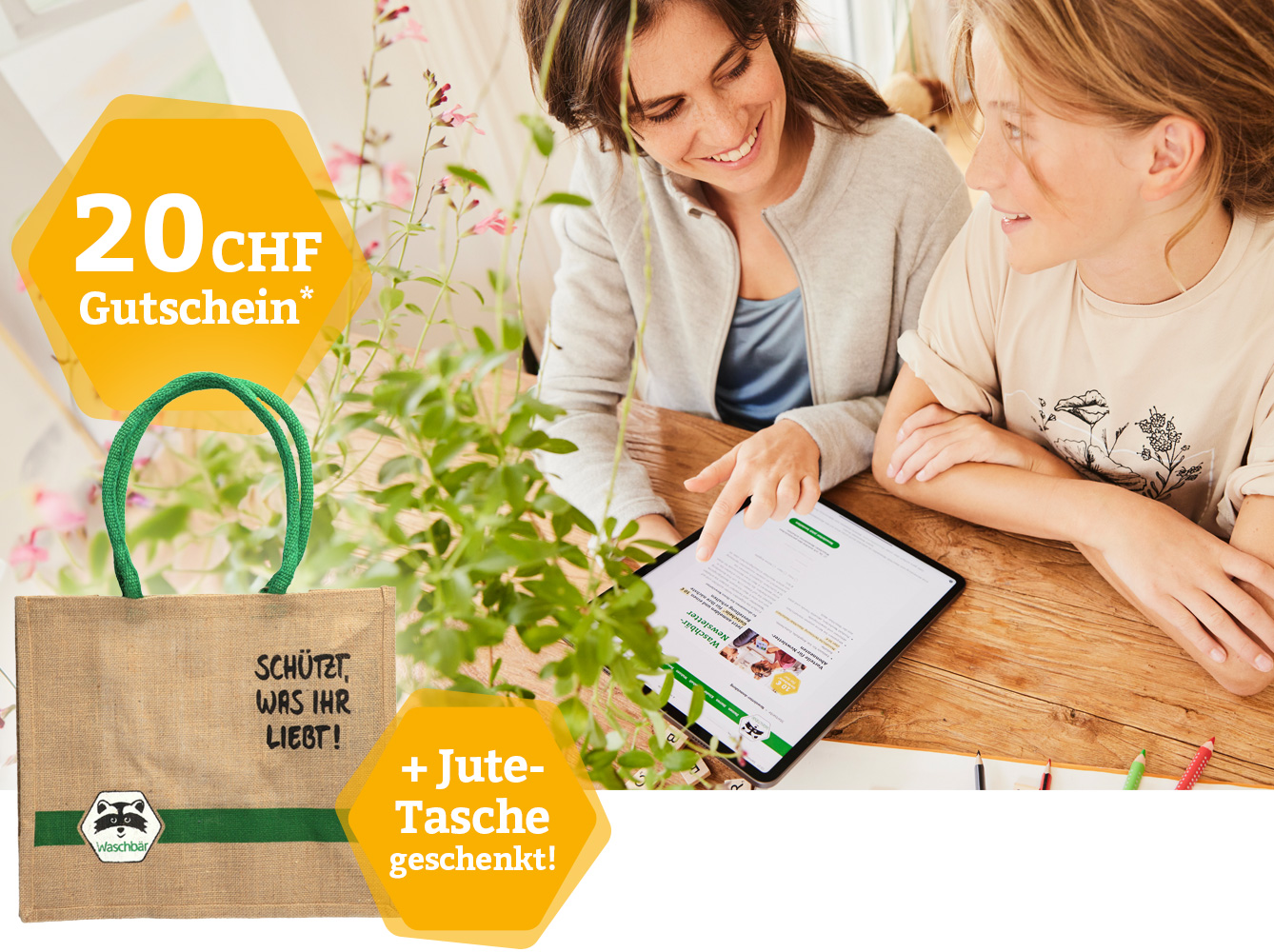 Jetzt anmelden und CHF 20 Gutschein + gratis Jutetasche erhalten!