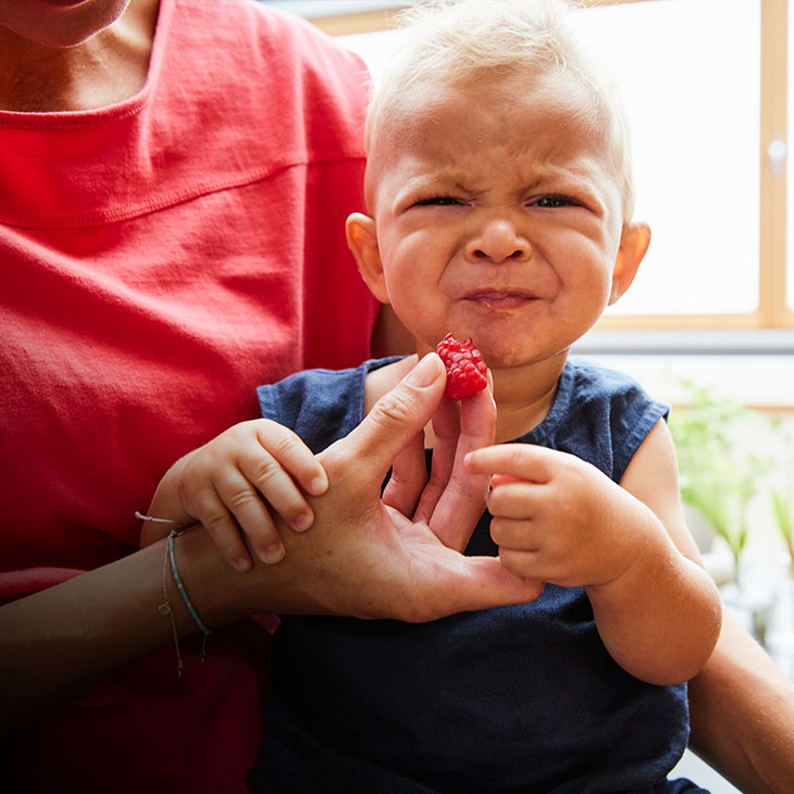 Baby in Bio-Mode isst eine ungenießbare Himbeere.