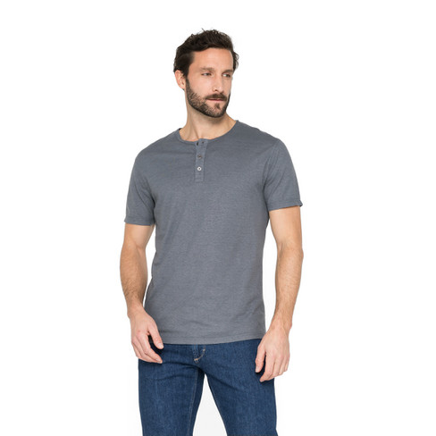 T-Shirt mit Knopfleiste aus Hanf und Bio-Baumwolle, rauchblau