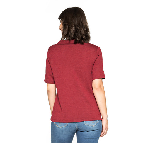 T-Shirt mit Vulkankragen aus reiner Bio-Merinowolle, rubin