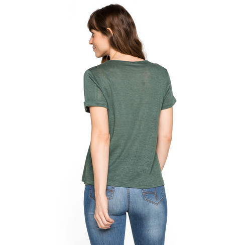 Leinenjersey-Shirt mit Aufschlagärmeln und V-Ausschnitt, seegras