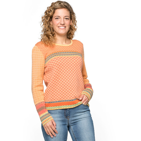 Bunt gemusterter Jacquard-Pullover aus Bio-Baumwolle mit Rundhalsausschnitt, rot-gemustert