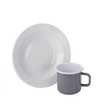 Tasse und Teller aus Emaille, 2er-Set, grau
