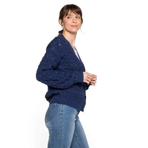 Kurze Ajour-Strickjacke aus Bio-Baumwolle mit breitem Rippbund, indigo