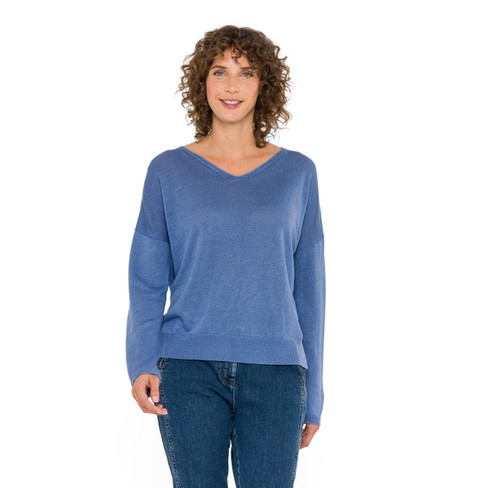 V-Pullover aus Leinen und TENCEL™, taubenblau