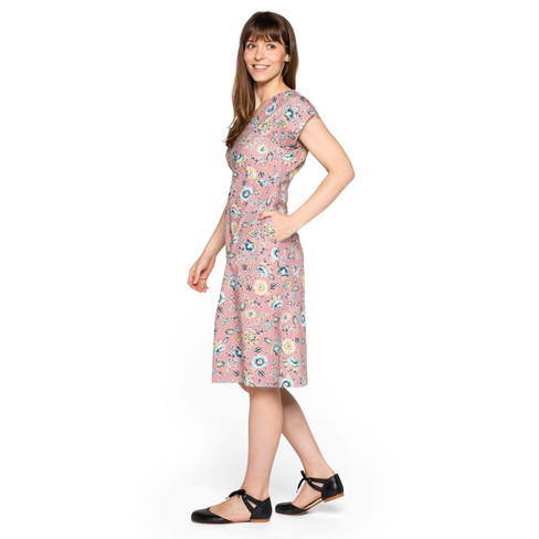 Ausgestelltes Kleid aus Bio-Baumwolle mit V-Ausschnitt, malve-gemustert
