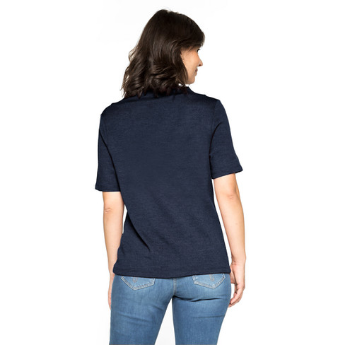 T-Shirt mit Vulkankragen aus Bio-Schurwolle, nachtblau