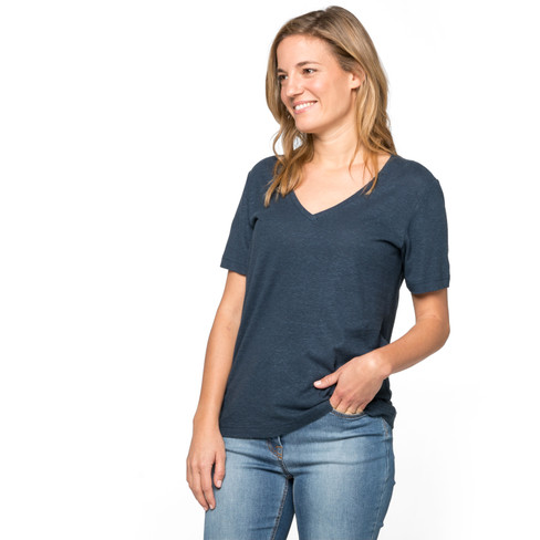 T-Shirt mit V-Ausschnitt aus Hanf und Bio-Baumwolle, marine