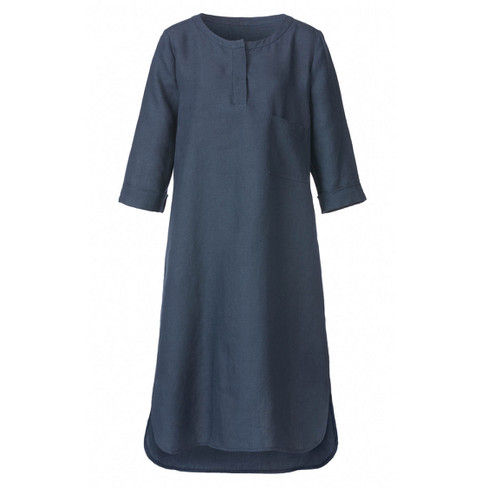 Tunika-Leinenkleid mit kurzer Knopfleiste und 3/4-Arm, nachtblau